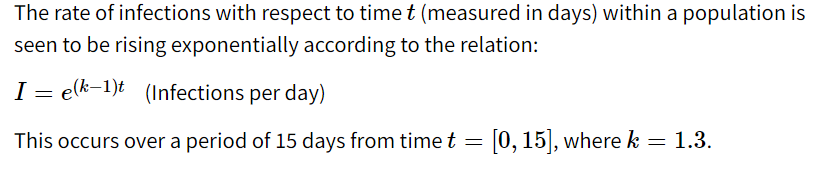 The rate of infections with respect to time t (measured in days) within a population is
seen to be rising exponentially according to the relation:
I = elk-1)t (1Infections per day)
This occurs over a period of 15 days from time t = [0, 15], where k = 1.3.
