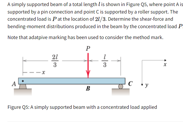 A simply supported beam of a total length l is shown in Figure Q5, where point A is
supported by a pin connection and point C is supported by a roller support. The
concentrated load is P at the location of 21/3. Determine the shear-force and
bending-moment distributions produced in the beam by the concentrated load P.
Note that adatpive marking has been used to consider the method mark.
P
21
3
– x
A
C
y
В
Figure Q5: A simply supported beam with a concentrated load applied
