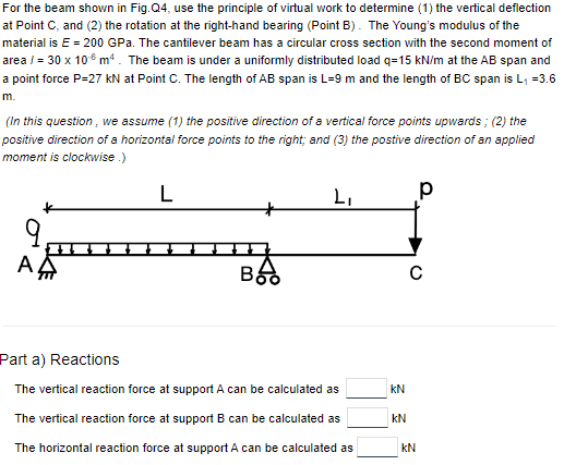 For the beam shown in Fig.Q4, use the principle of virtual work to determine (1) the vertical deflection
at Point C, and (2) the rotation at the right-hand bearing (Point B). The Young's modulus of the
material is E = 200 GPa. The cantilever beam has a circular cross section with the second moment of
area / = 30 x 106 m². The beam is under a uniformly distributed load q=15 kN/m at the AB span and
a point force P=27 kN at Point C. The length of AB span is L=9 m and the length of BC span is L₁ =3.6
m.
(In this question, we assume (1) the positive direction of a vertical force points upwards; (2) the
positive direction of a horizontal force points to the right; and (3) the postive direction of an applied
moment is clockwise.)
L
BA
L₁
Part a) Reactions
The vertical reaction force at support A can be calculated as
The vertical reaction force at support B can be calculated as
The horizontal reaction force at support A can be calculated as
KN
KN
KN
р