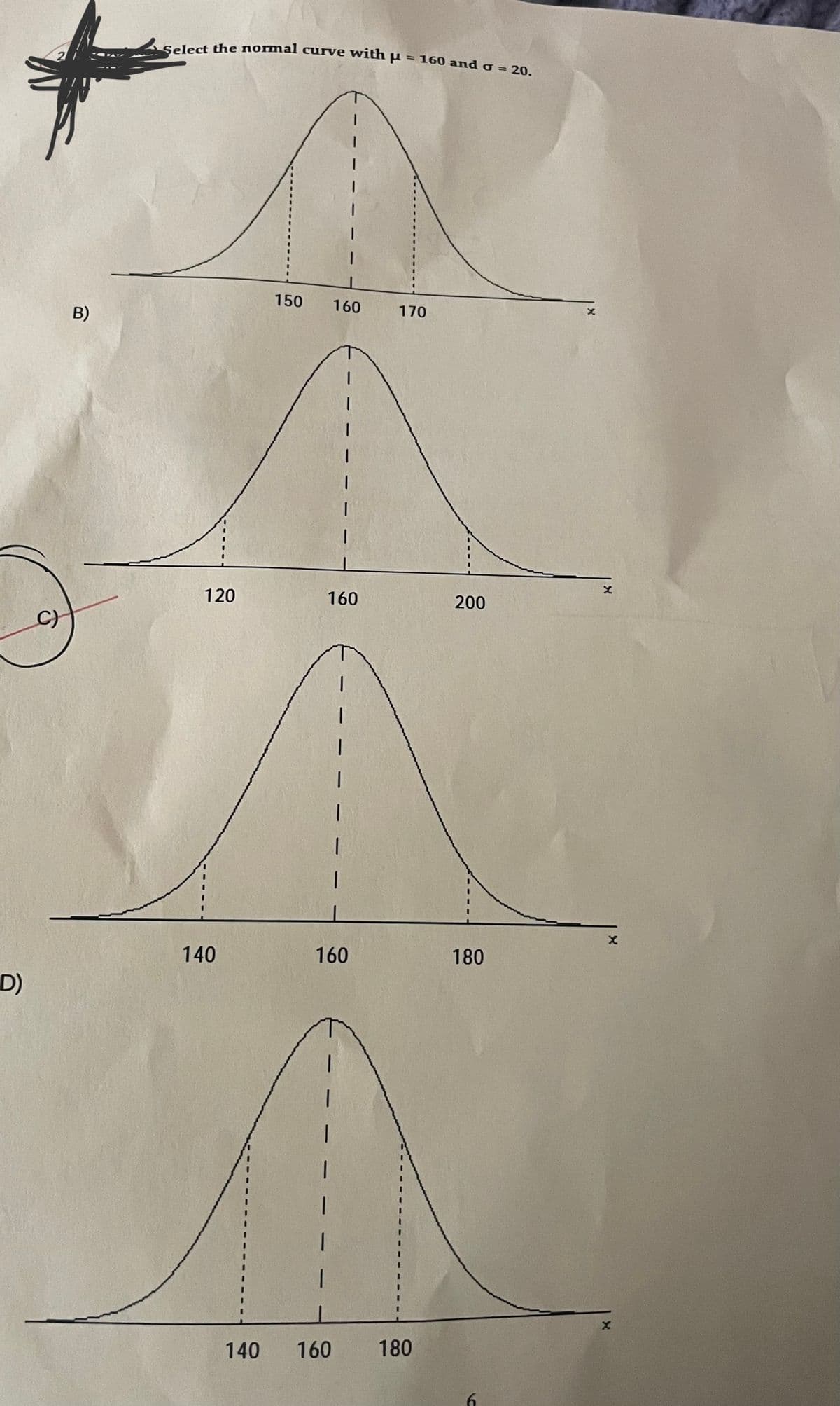 D)
C)
B)
Select the normal curve with u = 160 and σ = 20.
120
140
150 160
160
160
170
140 160 180
200
180
6
x