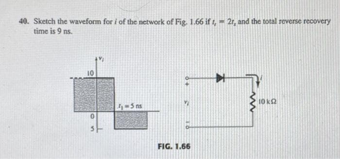 40. Sketch the waveform for i of the network of Fig. 1.66 if t, 2r, and the total reverse recovery
time is 9 ns.
10
5
4₁=5 ns
FIG. 1.66
www
10 k