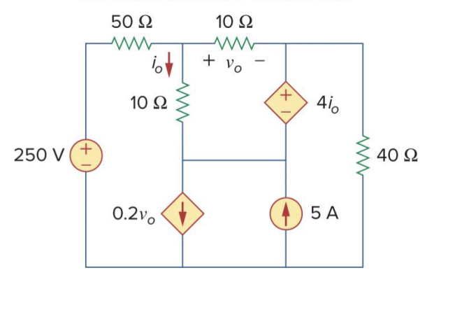 250 V
+
50 Ω
του
10 Ω
0.2νο
ww
10 Ω
+ Vo
Φ
+
Δίο
5A
40 Ω