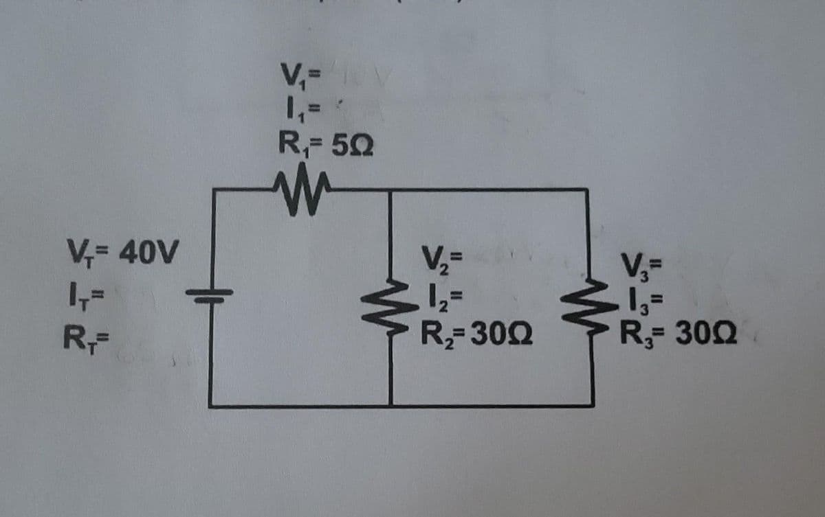 V= 40V
1₁=
R₁
V₁=
1₁=
R₁= 5Q
M
V/₂=
1₂=
R₂-3002
V₂=
R₂- 3002