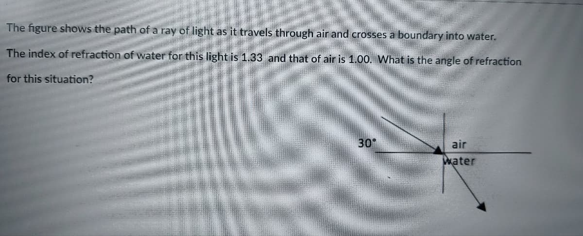 The figure shows the path of a ray of light as it travels through air and crosses a boundary into water.
The index of refraction of water for this light is 1.33 and that of air is 1.00. What is the angle of refraction
for this situation?
30
air
water
