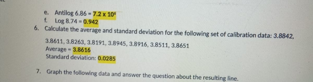 e. Antilog 6.86 = 7.2 x 106
f. Log 8.74 = 0.942
6. Calculate the average and standard deviation for the following set of calibration data: 3.8842,
3.8611, 3.8263, 3.8191, 3.8945, 3.8916, 3.8511, 3.8651
Average = 3.8616
Standard deviation: 0.0285
7. Graph the following data and answer the question about the resulting line.