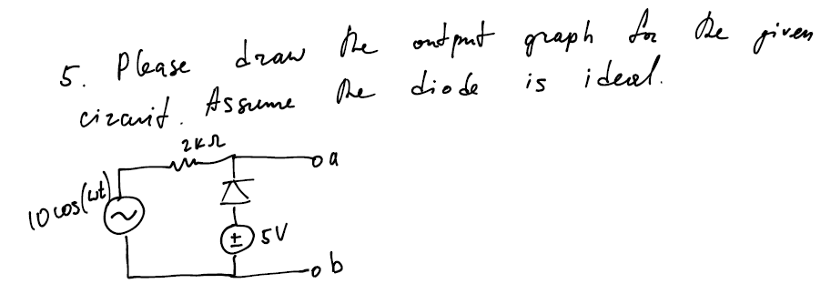 5. Please draw he ond put graph An de
cizauid. Assume he diode
piven
is
ideal.
-ob
