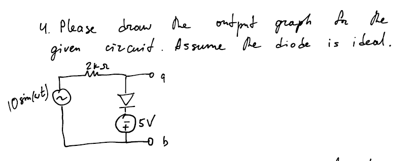 4. Please drow he
ond nt graph Ar de
is ideal.
given
cir cuit . Assume he diode
