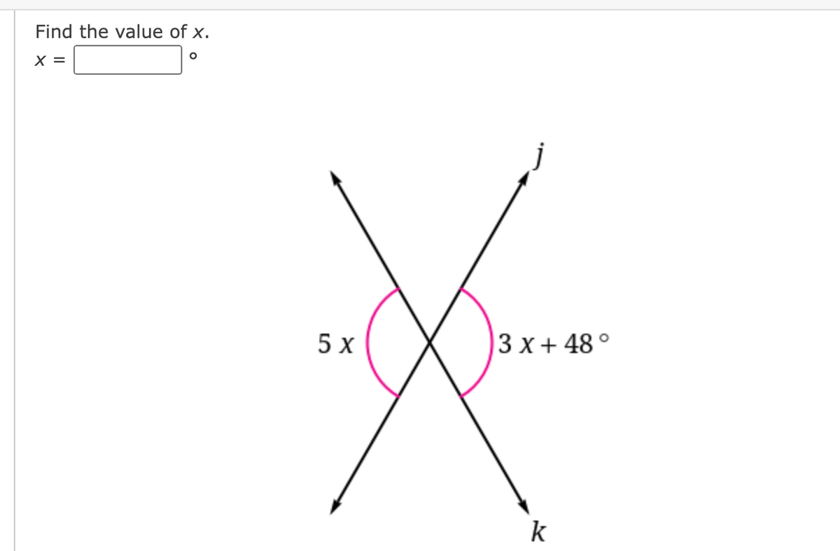 Find the value of x.
X =
5х
3 x + 48 °
k
