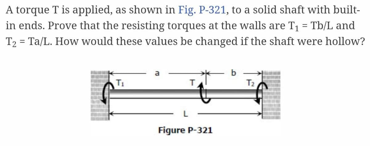 A torque T is applied, as shown in Fig. P-321, to a solid shaft with built-
in ends. Prove that the resisting torques at the walls are T1 = Tb/L and
T2 = Ta/L. How would these values be changed if the shaft were hollow?
a
b
T1
T2
Figure P-321
