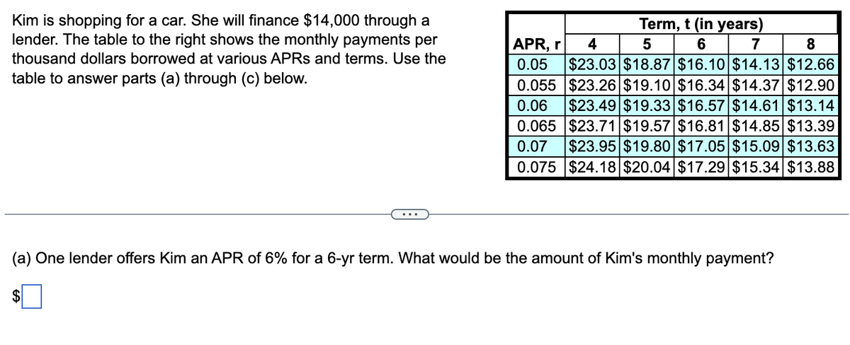 Kim is shopping for a car. She will finance $14,000 through a
lender. The table to the right shows the monthly payments per
thousand dollars borrowed at various APRs and terms. Use the
table to answer parts (a) through (c) below.
APR, r 4
Term, t (in years)
5
6
7
8
0.05 $23.03 $18.87 $16.10 $14.13 $12.66
0.055 $23.26 $19.10 $16.34 $14.37 $12.90
0.06 $23.49 $19.33 $16.57 $14.61 $13.14
0.065 $23.71 $19.57 $16.81 $14.85 $13.39
0.07 $23.95 $19.80 $17.05 $15.09 $13.63
0.075 $24.18 $20.04 $17.29 $15.34 $13.88
(a) One lender offers Kim an APR of 6% for a 6-yr term. What would be the amount of Kim's monthly payment?
$