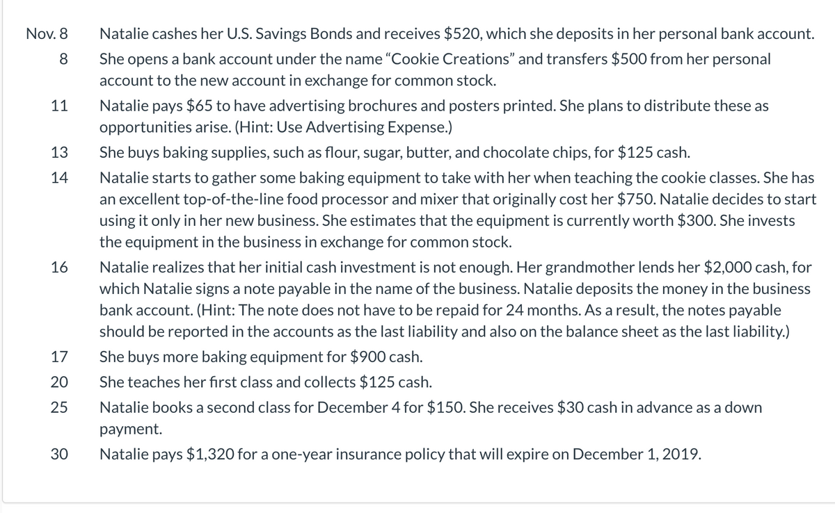 Nov. 8
Natalie cashes her U.S. Savings Bonds and receives $520, which she deposits in her personal bank account.
8
She opens a bank account under the name "Cookie Creations" and transfers $500 from her personal
account to the new account in exchange for common stock.
Natalie pays $65 to have advertising brochures and posters printed. She plans to distribute these as
opportunities arise. (Hint: Use Advertising Expense.)
11
13
She buys baking supplies, such as flour, sugar, butter, and chocolate chips, for $125 cash.
Natalie starts to gather some baking equipment to take with her when teaching the cookie classes. She has
an excellent top-of-the-line food processor and mixer that originally cost her $750. Natalie decides to start
using it only in her new business. She estimates that the equipment is currently worth $300. She invests
the equipment in the business in exchange for common stock.
14
Natalie realizes that her initial cash investment is not enough. Her grandmother lends her $2,000 cash, for
which Natalie signs a note payable in the name of the business. Natalie deposits the money in the business
bank account. (Hint: The note does not have to be repaid for 24 months. As a result, the notes payable
16
should be reported in the accounts as the last liability and also on the balance sheet as the last liability.)
17
She buys more baking equipment for $900 cash.
20
She teaches her fırst class and collects $125 cash.
25
Natalie books a second class for December 4 for $150. She receives $30 cash in advance as a down
payment.
30
Natalie pays $1,320 for a one-year insurance policy that will expire on December 1, 2019.
