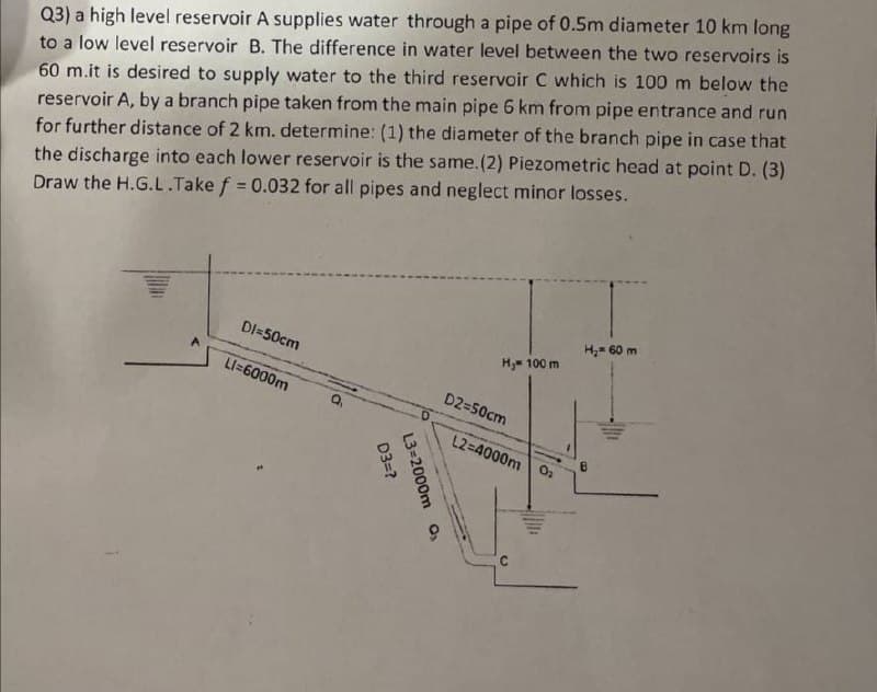 Q3) a high level reservoir A supplies water through a pipe of 0.5m diameter 10 km long
to a low level reservoir B. The difference in water level between the two reservoirs is
60 m.it is desired to supply water to the third reservoir C which is 100 m below the
reservoir A, by a branch pipe taken from the main pipe 6 km from pipe entrance and run
for further distance of 2 km. determine: (1) the diameter of the branch pipe in case that
the discharge into each lower reservoir is the same.(2) Piezometric head at point D. (3)
Draw the H.G.L.Take f = 0.032 for all pipes and neglect minor losses.
H,= 60 m
DI=50cm
Hy- 100 m
LI=6000m
D2=50cm
L2=4000m
L3=2000m o,
D3=?
