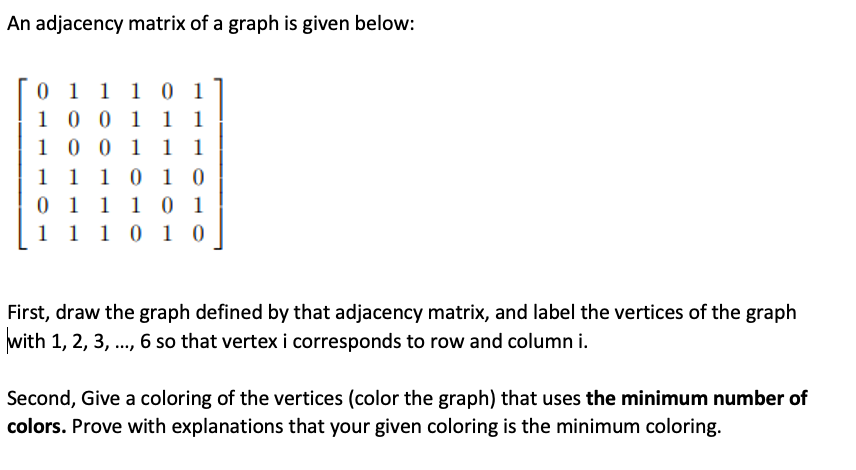 An adjacency matrix of a graph is given below:
0 1 1 1 0 1
1 0 0 1 1
1 0 0 1 1 1
1 1 1 0 0
0 1 1 1 01
1 1 1 0 1 0
First, draw the graph defined by that adjacency matrix, and label the vertices of the graph
with 1, 2, 3, .., 6 so that vertex i corresponds to row and column i.
Second, Give a coloring of the vertices (color the graph) that uses the minimum number of
colors. Prove with explanations that your given coloring is the minimum coloring.
