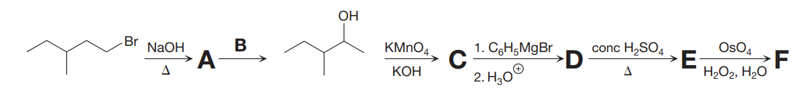 ОН
Br
NaOH
В
KMNO4
conc H,SO4
>D
1. C3H5MgBr
OsO4
F
H2O2, H2O
A-
КОН
2. H,0®
