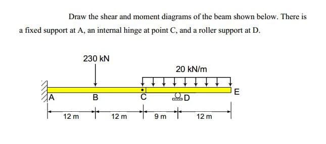 Draw the shear and moment diagrams of the beam shown below. There is
a fixed support at A, an internal hinge at point C, and a roller support at D.
230 kN
20 kN/m
A
B
C
.D
12 m
12 m
12 m
