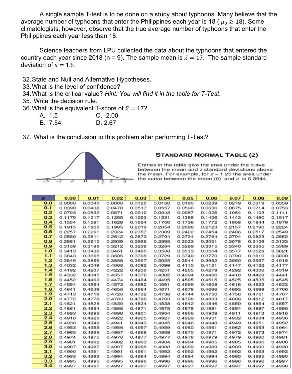 A single sample T-test is to be done on a study about typhoons. Many believe that the
average number of typhoons that enter the Philippines each year is 18 (μ ≥ 18). Some
climatologists, however, observe that the true average number of typhoons that enter the
Philippines each year less than 18.
Science teachers from LPU collected the data about the typhoons that entered the
country each year since 2018 (n = 9). The sample mean is = 17. The sample standard
deviation of s = 1.5.
32. State and Null and Alternative Hypotheses.
33. What is the level of confidence?
34. What is the critical value? Hint: You will find it in the table for T-Test.
35. Write the decision rule.
36. What is the equivalent T-score of x = 17?
A. 1.5
B. 7.54
C. -2.00
D. 2.67
37. What is the conclusion to this problem after performing T-Test?
STANDARD NORMAL TABLE (Z)
Entries in the table give the area under the curve
between the mean and z standard deviations above
the mean. For example, for z= 1.25 the area under
the curve between the mean (0) and z is 0.3944.
0.05
0.0190
0.09
0.1879
0.2224
Z
0.00 0.01
0.02 0.03
0.04
0.06
0.07 0.08
0.0 0.0000 0.0040 0.0080 0.0120 0.0160
0.0239 0.0279 0.0319 0.0359
0.1 0.0398 0.0438 0.0478 0.0517 0.0557 0.0596 0.0636 0.0675 0.0714
0.0753
0.2 0.0793 0.0832 0.0871 0.0910 0.0948 0.0987 0.1026 0.1064 0.1103 0.1141
0.3 0.1179 0.1217 0.1255 0.1293 0.1331 0.1368 0.1406 0.1443 0.1480 0.1517
0.4 0.1554 0.1591 0.1628 0.1664 0.1700 0.1736 0.1772 0.1808 0.1844
0.5 0.19
0.1950 0.1985 0.2019 0.2054 0.2
0.2123 0.2157 0.2190
0.6 0.2257 0.2291 0.2324 0.2357 0.2389 0.2422 0.2454 0.2486 0.2517 0.2549
0.7 0.2580 0.2611 0.2642 0.2673 0.2704 0.2734 0.2764 0.2794 0.2823 0.2852
0.8 0.2881 0.2910 0.2939 0.2969 0.2995 0.3023 0.3051 0.3078 0.3106 0.3133
0.9 0.3159 0.3186 0.3212 0.3238 0.3264 0.3289 0.3315 0.3340 0.3365 0.3389
1.0 0.3413 0.3438 0.3461 0.3485 0.3508 0.3513 0.3554 0.3577 0.3529 0.3621
1.1 0.3643 0.3665 0.3686 0.3708 0.3729 0.3749 0.3770 0.3790 0.3810 0.3830
1.2 0.3849 0.3869 0.3888 0.3907 0.3925 0.3944 0.3962 0.3980 0.3997 0.4015
1.3 0.4032 0.4049 0.4066 0.4082 0.4099 0.4115 0.4131 0.4147 0.4162 0.4177
1.4 0.4192 0.4207 0.4222 0.4236 0.4251 0.4265 0.4279 0.4292 0.4306 0.4319
1.5
0.4332 0.4345 0.4357 0.4370 0.4382 0.4394 0.4406 0.4418 0.4429 0.4441
1.6 0.4452 0.4463 0.4474 0.4484 0.4495 0.4505 0.4515 0.4525 0.4535 0.4545
1.7 0.4554 0.4564 0.4573 0.4582 0.4591 0.4599 0.4608 0.4616 0.4625 0.4633
1.8 0.4641 0.4649 0.4656 0.4664 0.4671 0.4678 0.4686 0.4693 0.4699 0.4706
1.9 0.4713 0.4719 0.4726 0.4732 0.4738 0.4744 0.4750 0.4756 0.4761 0.4767
2.0 0.4772 0.4778 0.4783 0.4788 0.4793 0.4798 0.4803 0.4808 0.4812 0.4817
2.1 0.4821 0.4826 0.4830 0.4834 0.4838 0.4842 0.4846 0.4850 0.4854 0.4857
2.2 0.4861 0.4864 0.4868 0.4871 0.4875 0.4878 0.4881 0.4884 0.4887 0.4890
2.3 0.4893 0.4896 0.4898 0.4901 0.4904 0.4906 0.4909 0.4911 0.4913 0.4916
0.4918 0.4920 0.4922 0.4925 0.4927 0.4929 0.4931 0.4932 0.4934 0.4936
2.5 0.4938 0.4940 0.4941 0.4943 0.4945 0.4946 0.4948 0.4949 0.4951 0.4952
2.6 0.4953 0.4955 0.4956 0.4957 0.4959 0.4960 0.4961 0.4962 0.4963
0.4964
2.7
0.4965 0.4966 0.4967 0.4968 0.4969 0.4970 0.4971 0.4972 0.4973 0.4974
2.8 0.4974 0.4975 0.4976 0.4977 0.4977 0.4978 0.4979 0.4979 0.4980 0.4981
2.9 0.4981 0.4982 0.4982 0.4983 0.4984 0.4984 0.4985 0.4985 0.4986 0.4986
3.0 0.4987 0.4987 0.4987 0.4988 0.4988 0.4989 0.4989 0.4989 0.4990 0.4990
3.1 0.4990 0.4991 0.4991 0.4991 0.4992 0.4992 0.4992 0.4992 0.4993 0.4993
3.2 0.4993 0.4993 0.4994 0.4994 0.4994 0.4994 0.4994 0.4995 0.4995 0.4995
3.3 0.4995 0.4995 0.4995 0.4996 0.4996 0.4996 0.4996 0.4996 0.4996 0.4997
3.4 0.4997 0.4997 0.4997 0.4997 0.4997 0.4997 0.4997 0.4997 0.4997 0.4998
2.4