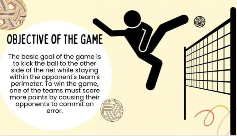 OBJECTIVE OF THE GAME
The basic goal of the game is
to kick the ball to the other
side of the net while staying
within the opponent's team's
perimeter. To win the game,
one of the teams must score
more points by causing their
opponents to commit an
error.