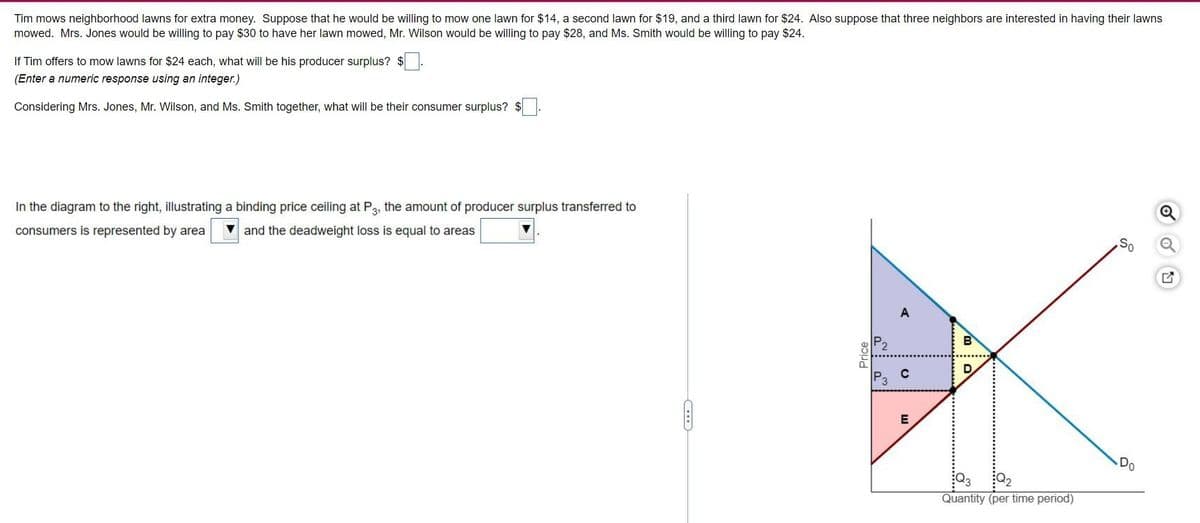 Tim mows neighborhood lawns for extra money. Suppose that he would be willing to mow one lawn for $14, a second lawn for $19, and a third lawn for $24. Also suppose that three neighbors are interested in having their lawns
mowed. Mrs. Jones would be willing to pay $30 to have her lawn mowed, Mr. Wilson would be willing to pay $28, and Ms. Smith would be willing to pay $24.
If Tim offers to mow lawns for $24 each, what will be his producer surplus? $
(Enter a numeric response using an integer.)
Considering Mrs. Jones, Mr. Wilson, and Ms. Smith together, what will be their consumer surplus? $
In the diagram to the right, illustrating a binding price ceiling at P, the amount of producer surplus transferred to
consumers is represented by area
and the deadweight loss is equal to areas
So
D
Quantity (per time period)
Price
