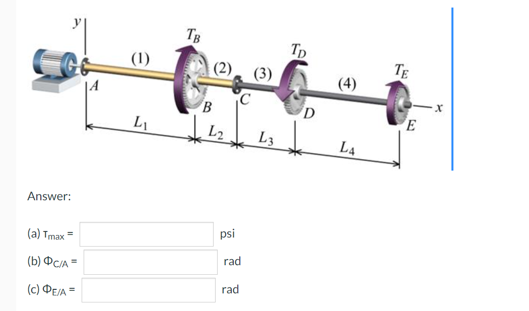 Answer:
(a) Tmax=
(b) OC/A =
(c) ΦΕ/Α =
(1)
L₁
TB
B
psi
C
rad
rad
(3)
L3
TD
(4)
LA
TE
E
X