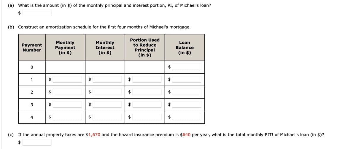 (a) What is the amount (in $) of the monthly principal and interest portion, PI, of Michael's loan?
$
(b) Construct an amortization schedule for the first four months of Michael's mortgage.
Payment
Number
0
1
2
3
4
$
$
$
$
Monthly
Payment
(in $)
$
$
$
$
Monthly
Interest
(in $)
Portion Used
to Reduce
Principal
(in $)
$
$
$
$
$
$
$
$
$
Loan
Balance
(in $)
(c) If the annual property taxes are $1,670 and the hazard insurance premium is $640 per year, what is the total monthly PITI of Michael's loan (in $)?
$