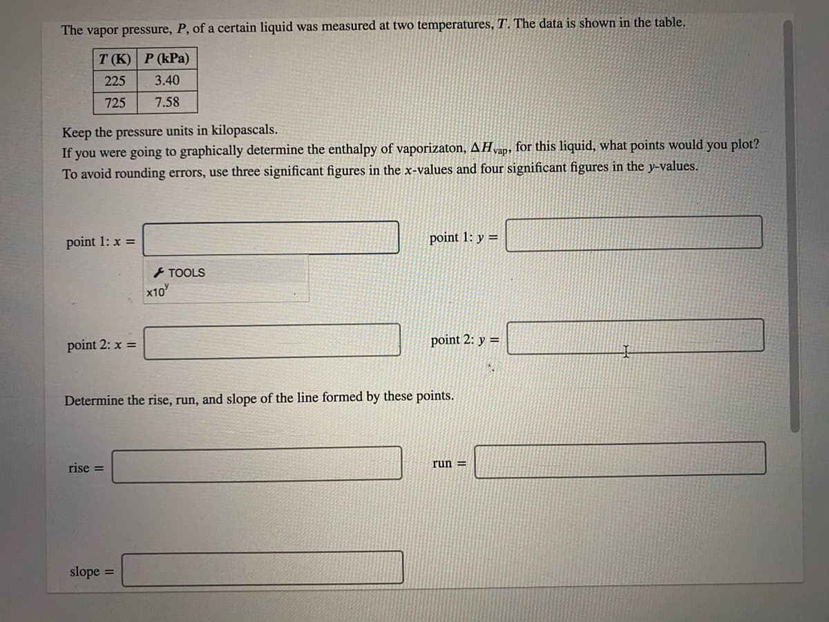 The vapor pressure, P, of a certain liquid was measured at two temperatures, T. The data is shown in the table.
ТК) Р (КРа)
225
3.40
725
7.58
Keep the pressure units in kilopascals.
If you were going to graphically determine the enthalpy of vaporizaton, AHvap, for this liquid, what points would you plot?
To avoid rounding errors, use three significant figures in the x-values and four significant figures in the y-values.
point 1: x =
point 1: y =
TOOLS
x10
point 2: x =
point 2: y =
Determine the rise, run, and slope of the line formed by these points.
rise =
run =
slope =
