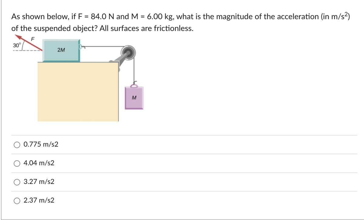 As shown below, if F = 84.0 N and M = 6.00 kg, what is the magnitude of the acceleration (in m/s²)
of the suspended object? All surfaces are frictionless.
F
30°
0.775 m/s2
4.04 m/s2
3.27 m/s2
2M
2.37 m/s2
M