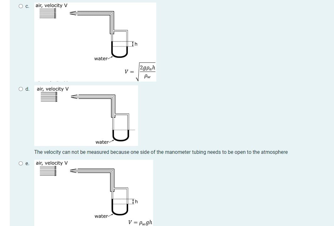 Oc.
air, velocity V
water
2gPah
V =
Pw
Od.
air, velocity V
water-
The velocity can not be measured because one side of the manometer tubing needs to be open to the atmosphere
Oe.
air, velocity V
water
V = Pwgh
