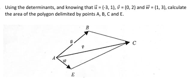 Using the determinants, and knowing that ữ = (-3, 1), ở = (0, 2) and w = (1, 3), calculate
the area of the polygon delimited by points A, B, C and E.
B
A
E
