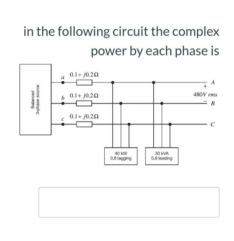 in the following circuit the complex
power by each phase is
0.1+ j0.22
+
().1+ j0.22
480V rms
b
B
0.1+ j0.2N
C
40 kW
30 kVA
0.8 lagging
0.9 leading
Balanced
3-phase source
