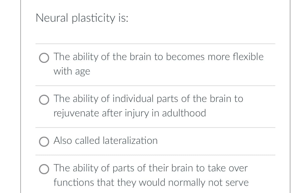 Neural plasticity is:
O The ability of the brain to becomes more flexible
with age
The ability of individual parts of the brain to
rejuvenate after injury in adulthood
Also called lateralization
O The ability of parts of their brain to take over
functions that they would normally not serve