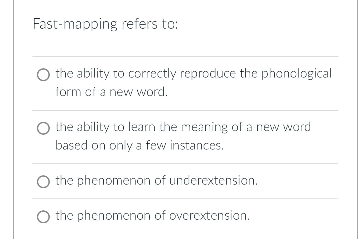 Fast-mapping refers to:
O the ability to correctly reproduce the phonological
form of a new word.
O the ability to learn the meaning of a new word
based on only a few instances.
the phenomenon of underextension.
the phenomenon of overextension.