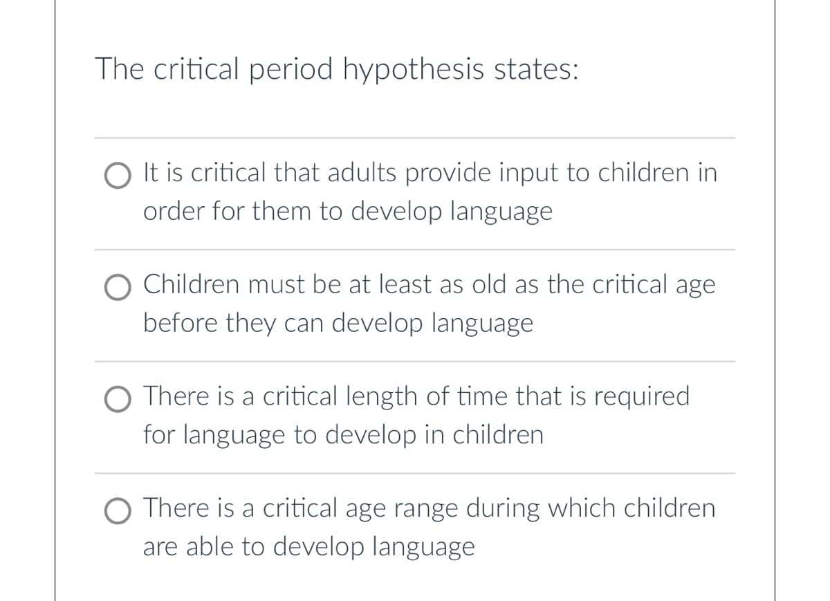 The critical period hypothesis states:
O It is critical that adults provide input to children in
order for them to develop language
Children must be at least as old as the critical age
before they can develop language
There is a critical length of time that is required
for language to develop in children
O There is a critical age range during which children
are able to develop language