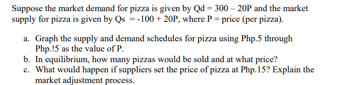 Suppose the market demand for pizza is given by Qd = 300 – 20P and the market
supply for pizza is given by Qs = -100 + 20P, where P = price (per pizza).
a. Graph the supply and demand schedules for pizza using Php.5 through
Php.!5 as the value of P.
b. In equilibrium, how many pizzas would be sold and at what price?
c. What would happen if suppliers set the price of pizza at Php.15? Explain the
market adjustment process.
