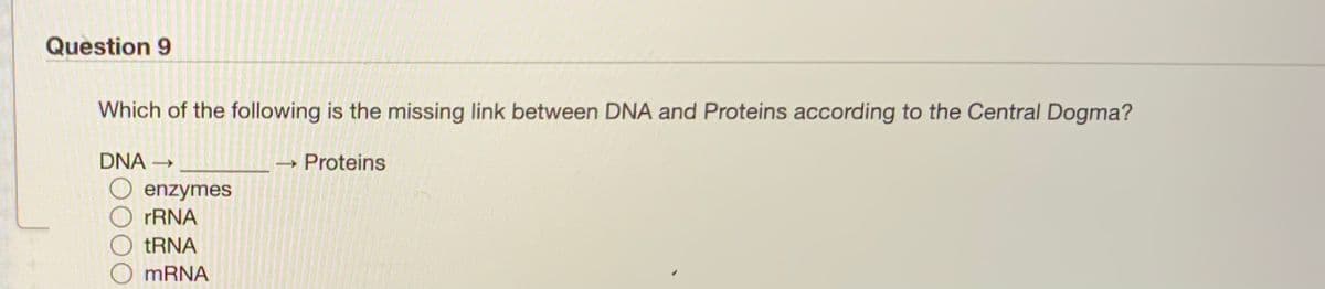 Question 9
Which of the following is the missing link between DNA and Proteins according to the Central Dogma?
DNA →
Proteins
O enzymes
RRNA
TRNA
MRNA
