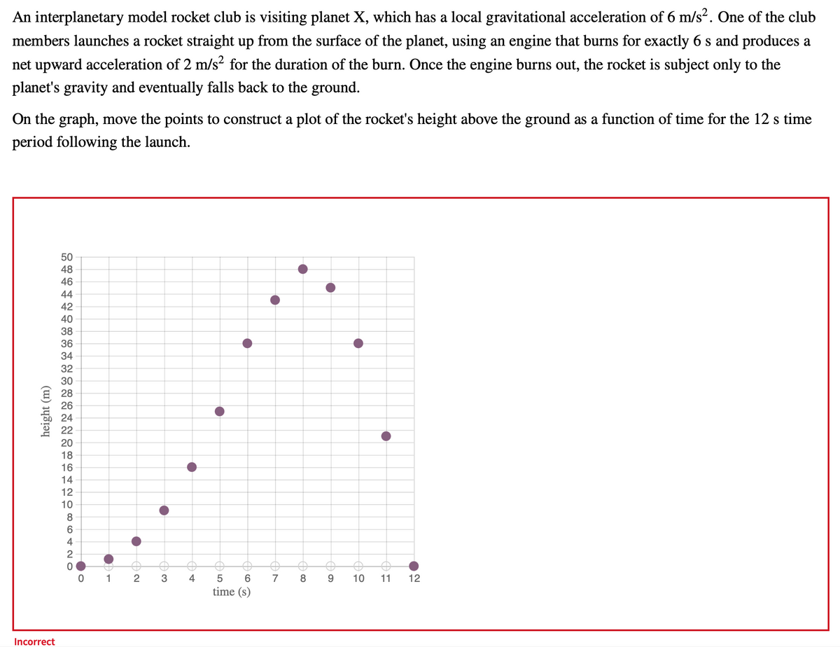 An interplanetary model rocket club is visiting planet X, which has a local gravitational acceleration of 6 m/s². One of the club
members launches a rocket straight up from the surface of the planet, using an engine that burns for exactly 6 s and produces a
net upward acceleration of 2 m/s? for the duration of the burn. Once the engine burns out, the rocket is subject only to the
planet's gravity and eventually falls back to the ground.
On the graph, move the points to construct a plot of the rocket's height above the ground as a function of time for the 12 s time
period following the launch.
50
48
46
44
42
40
38
36
34
32
30
E 28
26
24
22
20
18
16
14
12
10
6
4
2
2
4
7
8
9.
10
11
12
time (s)
Incorrect
height (m)
