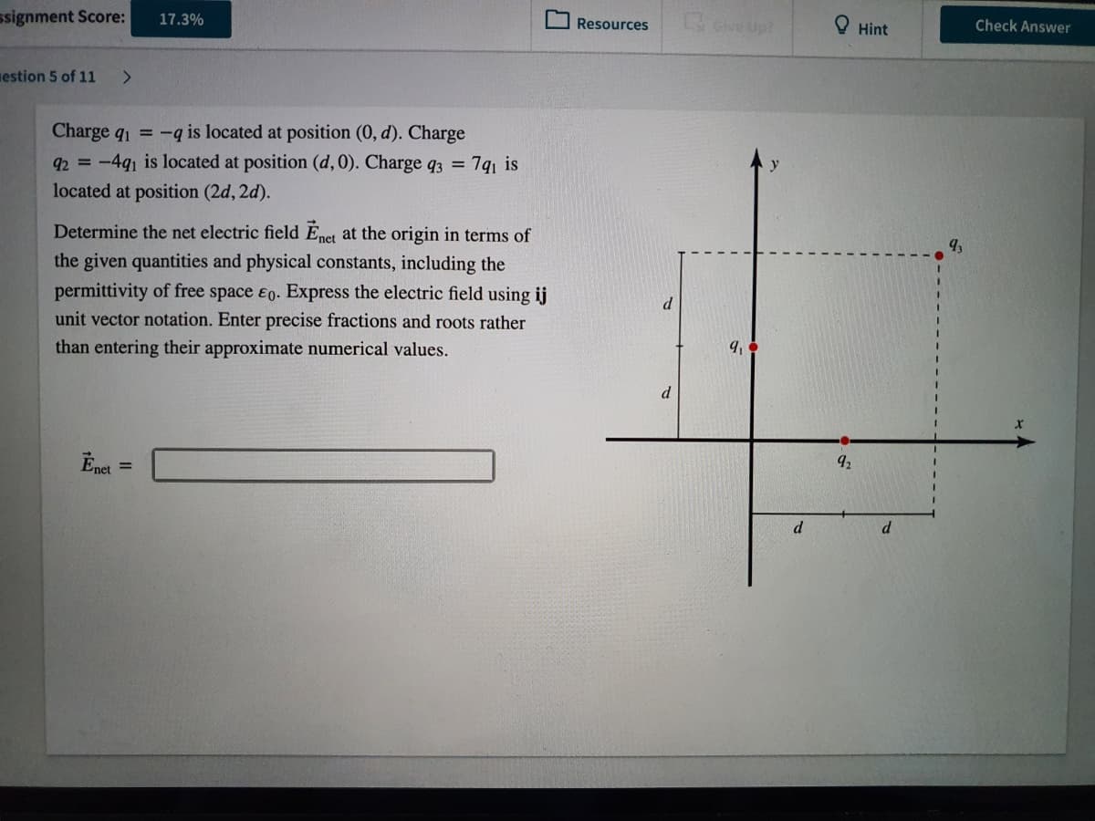 ssignment Score:
17.3%
Give Up?
Resources
O Hint
Check Answer
estion 5 of 11
<>
Charge q1 = -q is located at position (0, d). Charge
-49, is located at position (d, 0). Charge q3 = 7q, is
located at position (2d, 2d).
92 =
y
Determine the net electric field Enet at the origin in terms of
93
the given quantities and physical constants, including the
permittivity of free space €o. Express the electric field using ij
unit vector notation. Enter precise fractions and roots rather
than entering their approximate numerical values.
d.
Enet
92
%3D
d
d.
