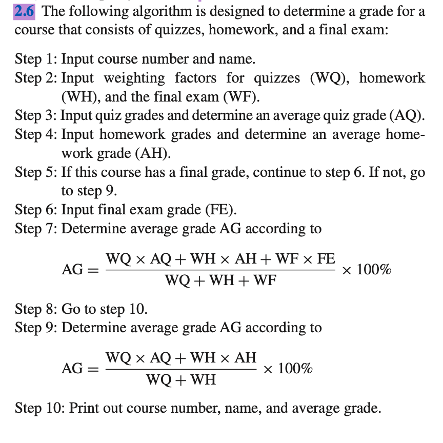 2.6 The following algorithm is designed to determine a grade for a
course that consists of quizzes, homework, and a final exam:
Step 1: Input course number and name.
Step 2: Input weighting factors for quizzes (WQ), homework
(WH), and the final exam (WF).
Step 3: Input quiz grades and determine an average quiz grade (AQ).
Step 4: Input homework grades and determine an average home-
work grade (AH).
Step 5: If this course has a final grade, continue to step 6. If not, go
to step 9.
Step 6: Input final exam grade (FE).
Step 7: Determine average grade AG according to
WQ x AQ + WH x AH+ WF × FE
G =
x 100%
AG
WQ + WH + WF
Step 8: Go to step 10.
Step 9: Determine average grade AG according to
WQ x AQ+ WH × AH
AG =
х 100%
WQ + WH
Step 10: Print out course number, name, and average grade.
