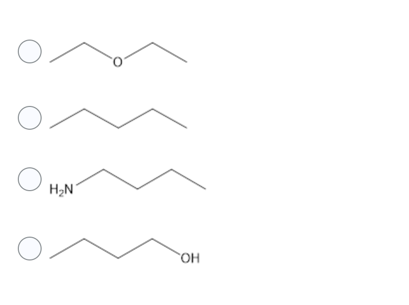 ### Introduction to Functional Groups in Organic Chemistry

Organic compounds are categorized based on the functional groups attached to their carbon skeleton. Understanding these functional groups is essential in the study of organic chemistry as they determine the properties and reactivity of molecules.

Below are depicted structures of organic molecules with different functional groups:

1. **Ether Group:**
   - Structure: R-O-R' 
   - Description: The first structure displays an ether functional group, which consists of an oxygen atom connected to two alkyl or aryl groups.

2. **Alkane Group:**
   - Structure: -C-C- 
   - Description: The second structure exemplifies an alkane, a saturated hydrocarbon with single bonds between carbon atoms.

3. **Amine Group:**
   - Structure: R-NH2 
   - Description: The third structure shows an amine functional group, which contains a nitrogen atom connected to one or more alkyl or aryl groups.

4. **Alcohol Group:**
   - Structure: R-OH 
   - Description: The fourth structure represents an alcohol functional group, where a hydroxyl group (-OH) is bound to a saturated carbon atom.

### Detailed Diagram Explanation:

- Each of the structures is represented as a line-bond diagram, a common way to visualize molecules in organic chemistry.
- The circles on the left indicate that each structure represents a separate molecule.
- Carbon atoms are implied at each vertex in the zigzag lines, and hydrogen atoms are not explicitly shown but understood to fulfill the tetravalency of carbon.

Understanding these functional groups provides a foundation for exploring more complex organic reactions and mechanisms. These fundamental groups will recur in different combinations throughout organic chemistry, influencing molecular behavior and interactions.