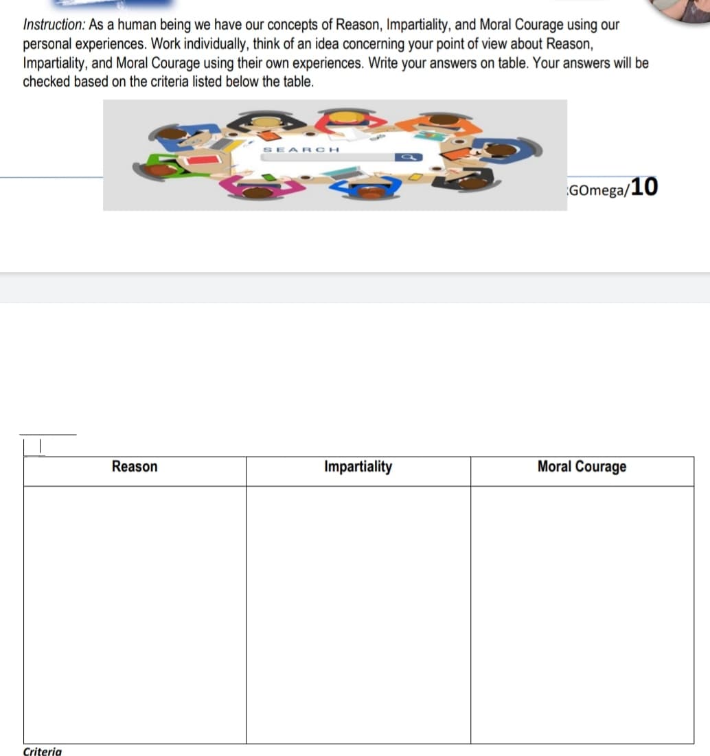 Instruction: As a human being we have our concepts of Reason, Impartiality, and Moral Courage using our
personal experiences. Work individually, think of an idea concerning your point of view about Reason,
Impartiality, and Moral Courage using their own experiences. Write your answers on table. Your answers will be
checked based on the criteria listed below the table.
SEAR CH
GOmega/10
Reason
Impartiality
Moral Courage
Criteria
