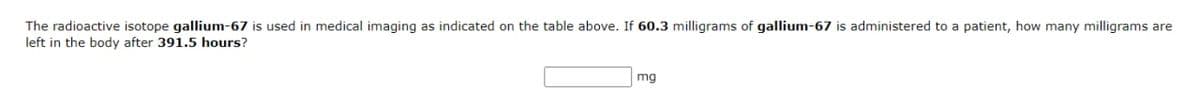 The radioactive isotope gallium-67 is used in medical imaging as indicated on the table above. If 60.3 milligrams of gallium-67 is administered to a patient, how many milligrams are
left in the body after 391.5 hours?
mg
