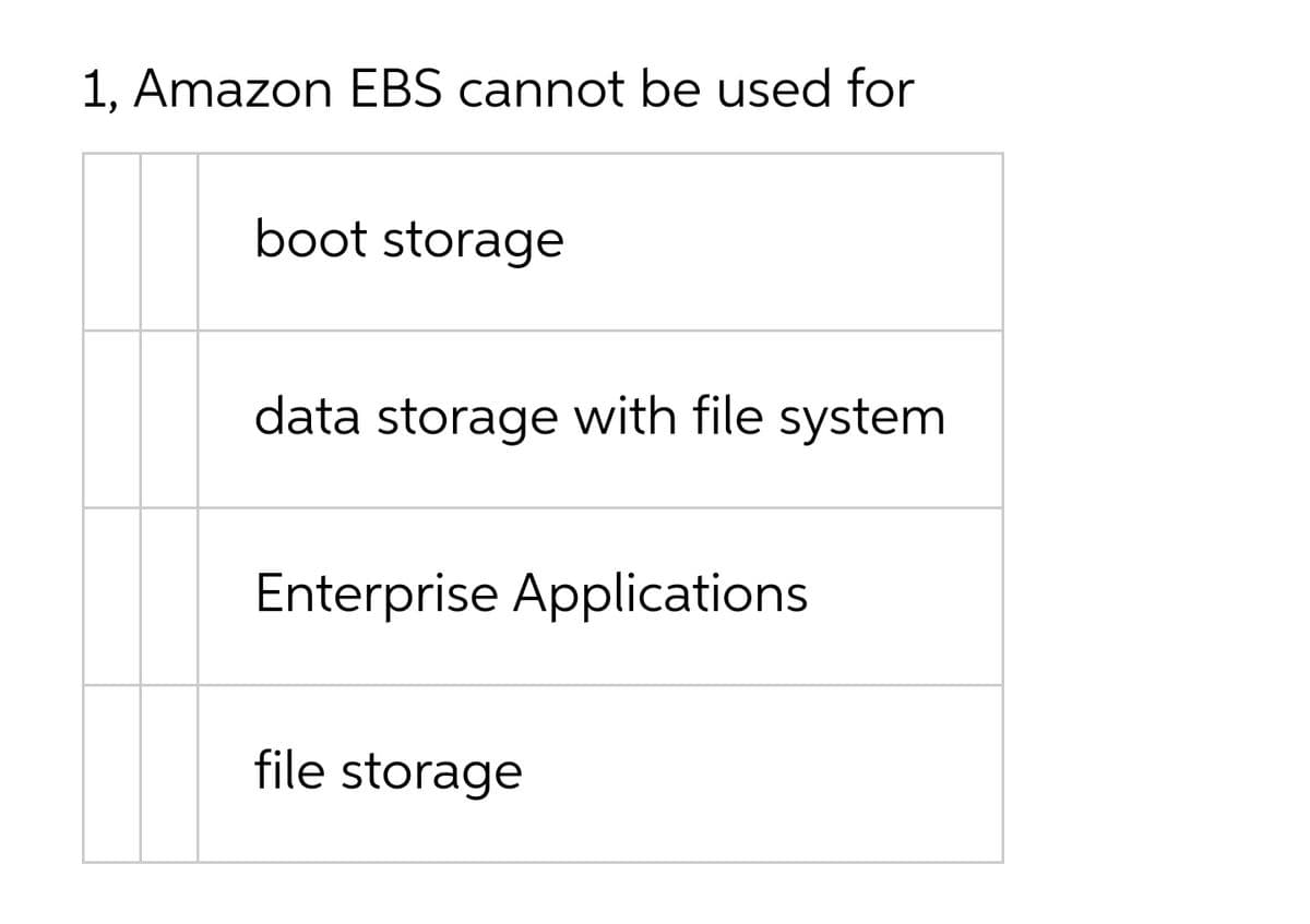 1, Amazon EBS cannot be used for
boot storage
data storage with file system
Enterprise Applications
file storage
