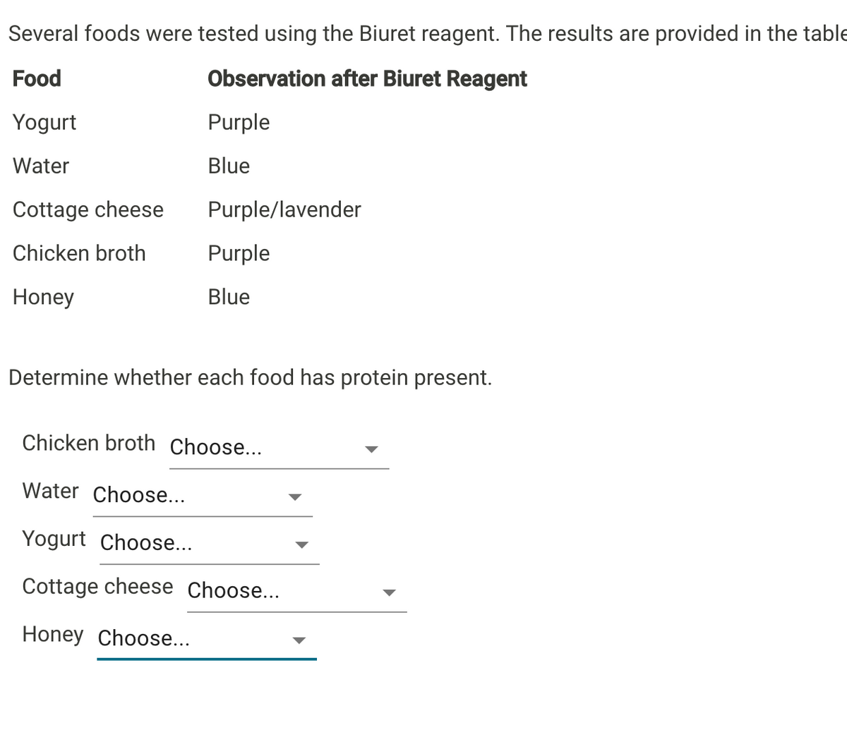 Several foods were tested using the Biuret reagent. The results are provided in the table
Food
Observation after Biuret Reagent
Yogurt
Purple
Water
Blue
Cottage cheese
Purple/lavender
Chicken broth
Purple
Honey
Blue
Determine whether each food has protein present.
Chicken broth Choose...
Water Choose...
Yogurt Choose...
Cottage cheese Choose...
Honey Choose...
