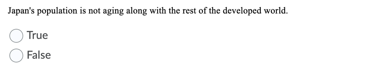 Japan's population is not aging along with the rest of the developed world.
True
False
