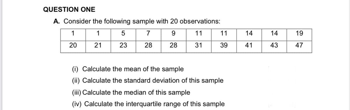 QUESTION ONE
A. Consider the following sample with 20 observations:
1
1
5
7
9
11
20
21
23
28
28
31
11
39
(i) Calculate the mean of the sample
(ii) Calculate the standard deviation of this sample
(iii) Calculate the median of this sample
(iv) Calculate the interquartile range of this sample
14
41
|
14 143
| 19 47