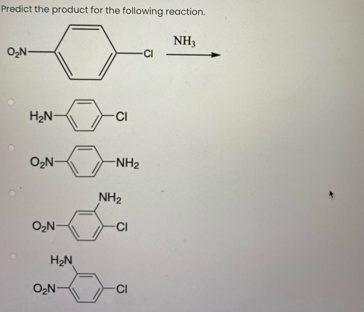 Predict the product for the following reaction.
NH3
ON-
-CI
H2N-
CI
O2N-
-NH2
NH2
O2N
CI
H2N
O2N-
-CI
