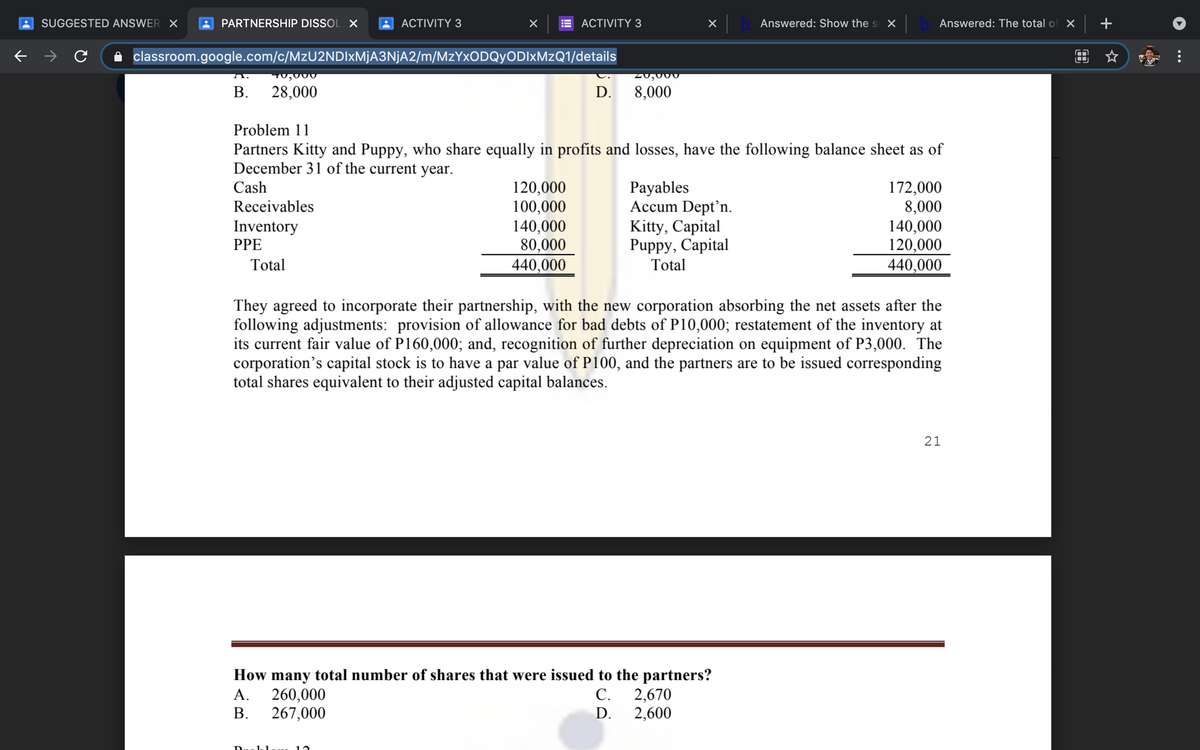 SUGGESTED ANSWER X
PARTNERSHIP DISSOL X
ACTIVITY 3
АCTIVITY 3
Answered: Show the s X
Answered: The total of X
+
classroom.google.com/c/MzU2NDIxMjA3NjA2/m/MzYxODQyODIxMzQ1/details
70,000
20,000
В.
28,000
D.
8,000
Problem 11
Partners Kitty and Puppy, who share equally in profits and losses, have the following balance sheet as of
December 31 of the current year.
Payables
Accum Dept’n.
Kitty, Capital
Puppy, Capital
Total
Cash
120,000
100,000
140,000
80,000
440,000
172,000
8,000
140,000
120,000
440,000
Receivables
Inventory
PPE
Total
They agreed to incorporate their partnership, with the new corporation absorbing the net assets after the
following adjustments: provision of allowance for bad debts of P10,000; restatement of the inventory at
its current fair value of P160,000; and, recognition of further depreciation on equipment of P3,000. The
corporation's capital stock is to have a par value of P100, and the partners are to be issued corresponding
total shares equivalent to their adjusted capital balances.
21
How many total number of shares that were issued to the partners?
260,000
А.
267,000
С.
2,670
В.
D.
2,600
