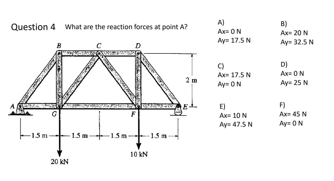 Question 4 What are the reaction forces at point A?
A
1.5 m
B
20 kN
1.5 m
с
D
F
-1.5 m +1.5 m
10 kN
2 m
A)
Ax= 0 N
Ay= 17.5 N
C)
Ax= 17.5 N
Ay= 0 N
E)
Ax= 10 N
Ay= 47.5 N
B)
Ax= 20 N
Ay= 32.5 N
D)
Ax= 0 N
Ay= 25 N
Ax= 45 N
Ay= 0 N