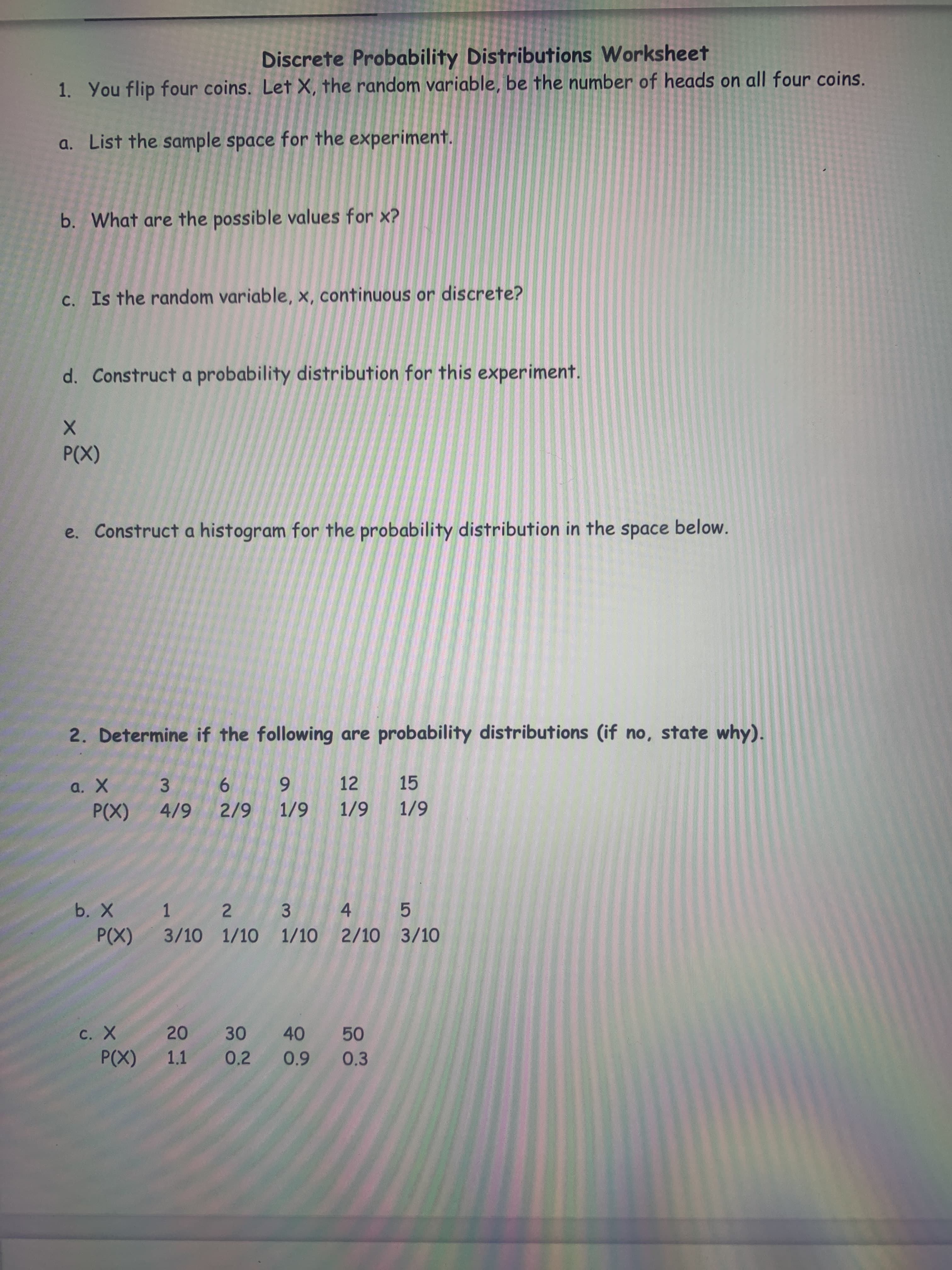 Discrete Probability Distributions Worksheet
1. You flip four coins. Let X, the random variable, be the number of heads on all four coins.
a. List the sample space for the experiment.
b. What are the possible values for x?
c. Is the random variable, x, continuous or discrete?
d. Construct a probability distribution for this experiment.
(X)
e. Construct a histogram for the probability distribution in the space below.
2. Determine if the following are probability distributions (if no, state why).
а. X
6.
P(X) 4/9
12 15
3.
6.
1 2 3 4 5
P(X) 3/10 1/10 1/10 2/10 3/10
20 30 40 50
1.1 0.2 0.9 0.3
(X)
