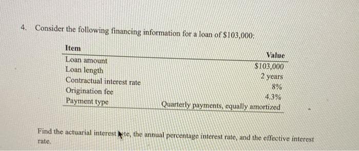 4. Consider the following financing information for a loan of $103,000:
Item
Value
Loan amount
$103,000
2 years
Loan length
Contractual interest rate
8%
Origination fee
Payment type
4.3%
Quarterly payments, equally amortized
Find the actuarial interest te, the annual percentage interest rate, and the effective interest
rate.
