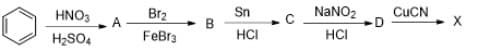 Sn
NaNO2
CUCN
Br2
+ B
FeBr3
HNO3
A
X
H2SO4
HCI
HCI
